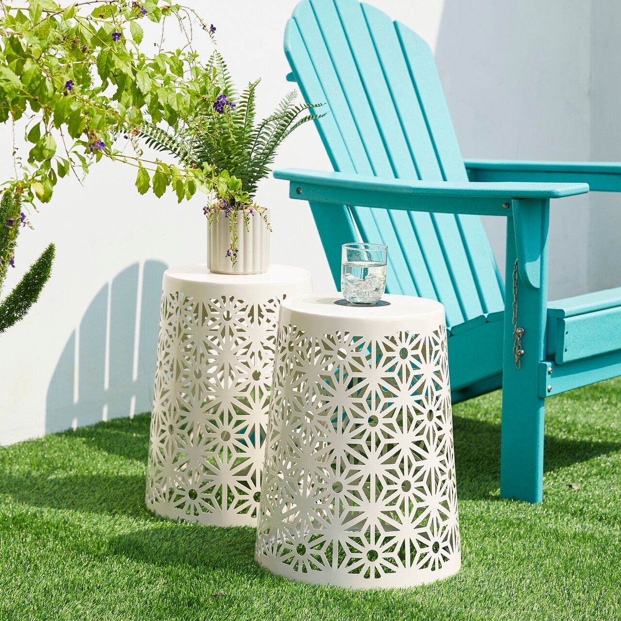 17.5"H Set of 2 Iron Cutout Geometric Pattern Solar Powdered Garden Stool